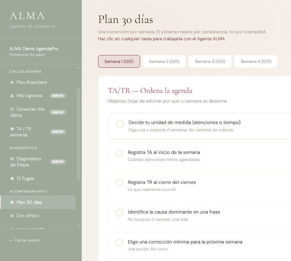 Pantalla Plan 30 días de ALMA