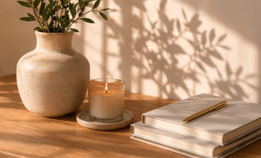 Jarrón, vela y libros sobre mesa de madera