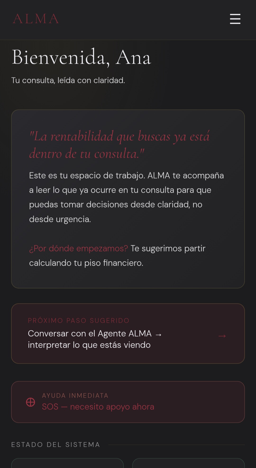 Pantalla de inicio del Agente ALMA